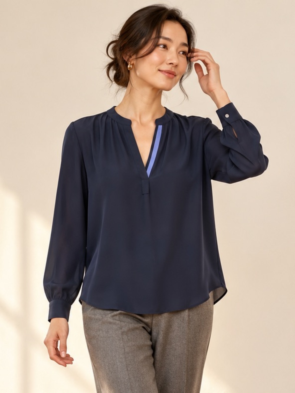 JOIE Addie F Navy Silk Blouse Contrast Blue Trim Long Sleeve Sz XS